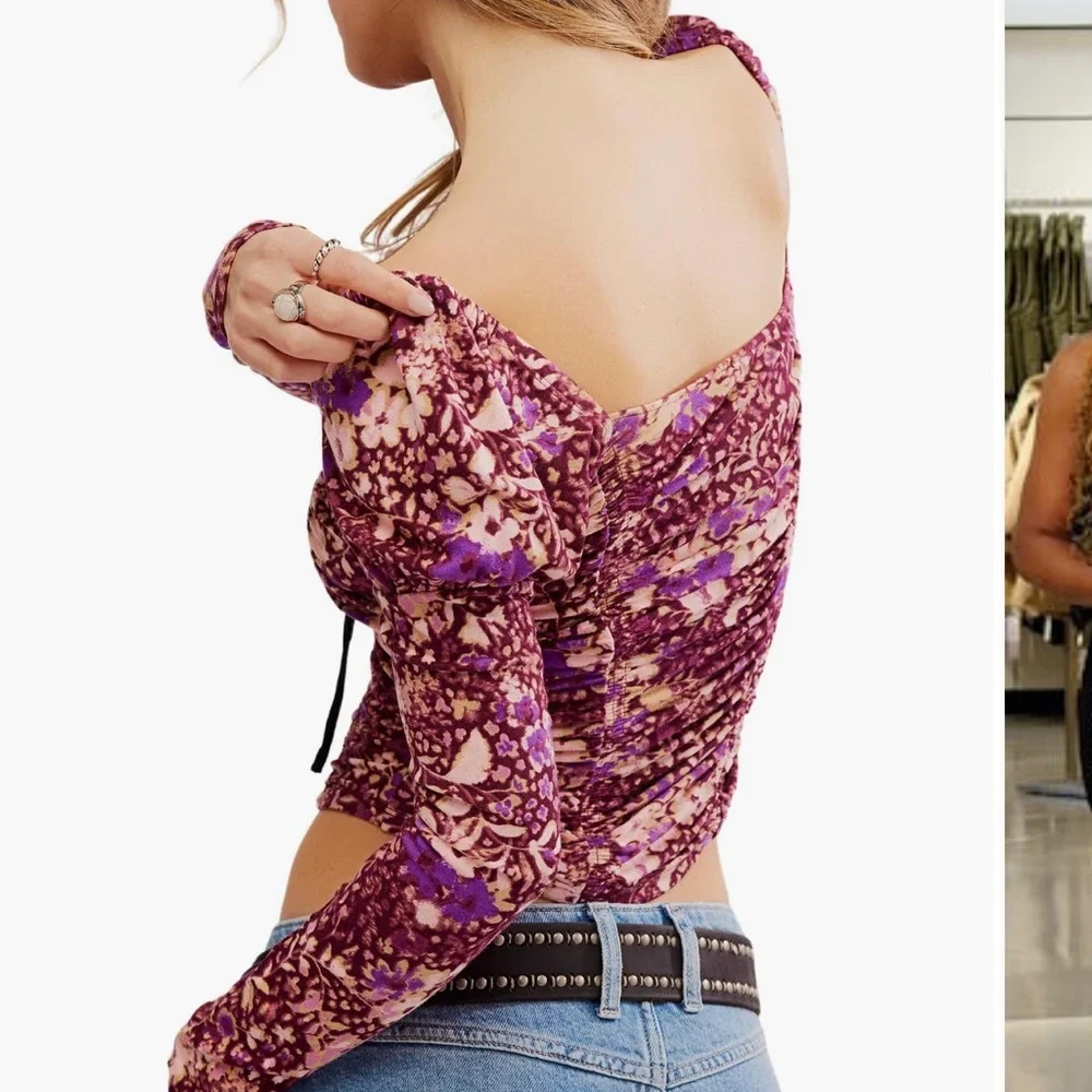 Free People Boho Sweetheart Feminine Purple Floral Long Sleeve Top NWT Medium